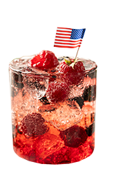 Red & Fizzy mocktail with raspberries, blueberries, and American flag decoration
